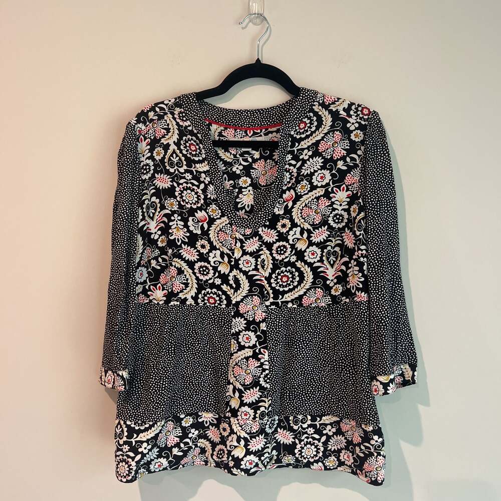 Boden Mollie Tunic Top Black Floral‎ Polka Dot 3/4 Sleeves Cottagecore Size 14